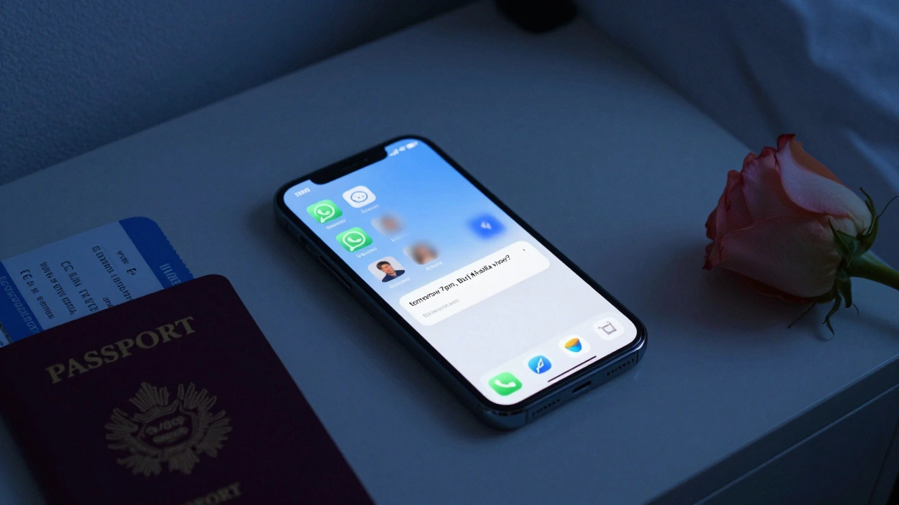 A smartphone screen showing encrypted messages with blurred profiles and personal items nearby.
