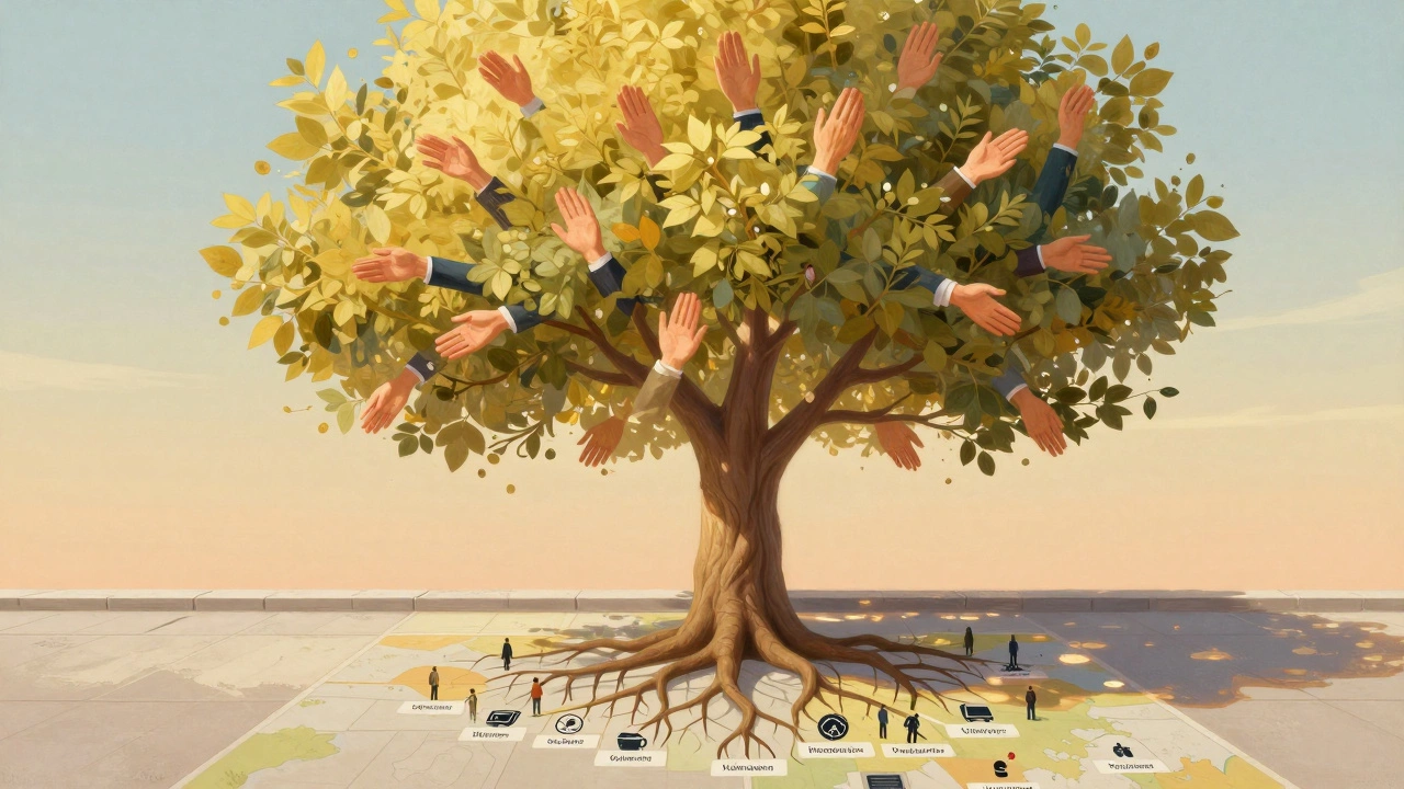 A tree grows from a city street, its roots and branches made of community impact icons and connected hands.