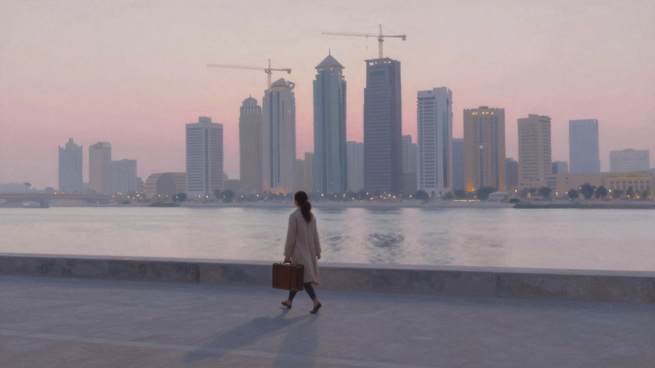 A woman walking alone along Dubai Creek at dawn, suitcase in hand, surrounded by city towers.