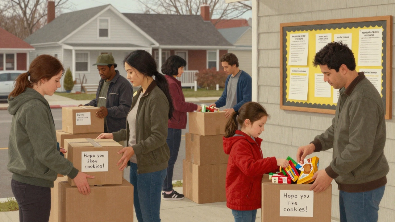 Employees pack grocery boxes with handwritten notes while a child picks out snacks for families in need.